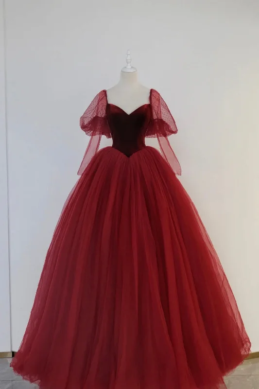 Don't Wait Burgundy Velvet Tulle Long Prom Dress, A-Line Long Sleeve Tulle Formal Evening Dress Don't Wait Burgundy Velvet Tulle Long Prom Dress, A-Line Long Sleeve Tulle Formal Evening Dress