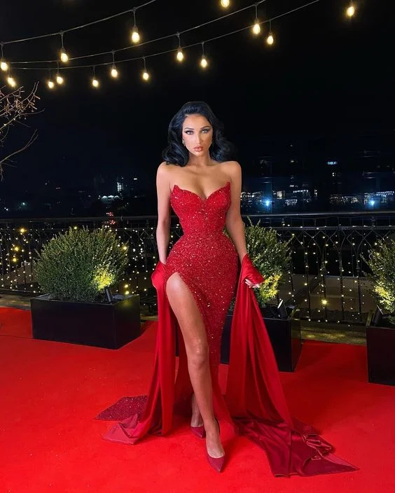 Don't Miss elegant shift dressRed Sequins Mermaid Evening Dress with Split Sexy Prom Dress Y1640