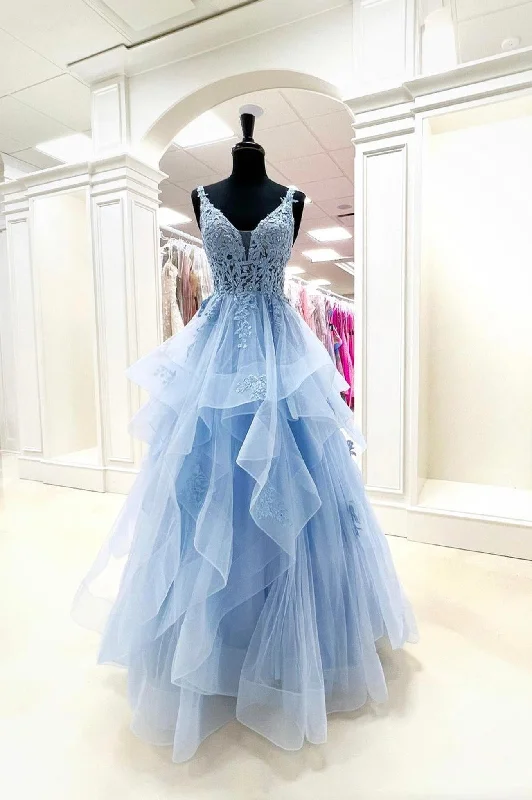 Markdowns Blue V-Neck Tulle Floor Length Prom Dress with Lace