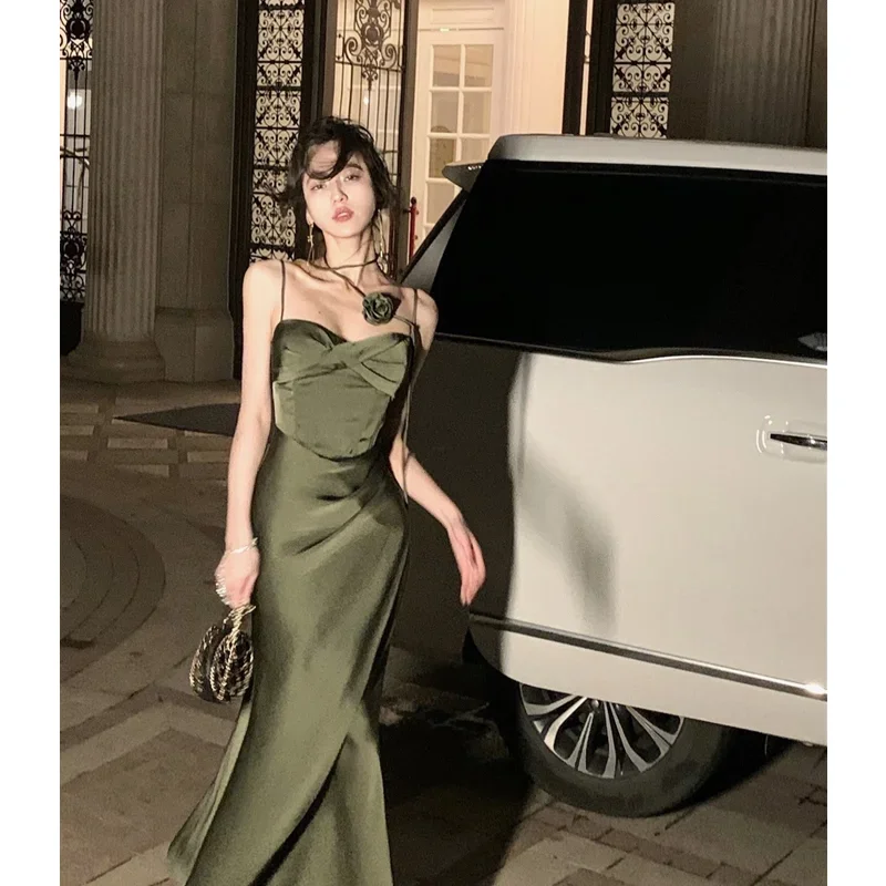 Instant Discount A-line dressWomen's Suspender Dress Design One Line Neck Green Patchwork Printed Dress Slim Fitting Feminine Temperament Mid Length Skirt