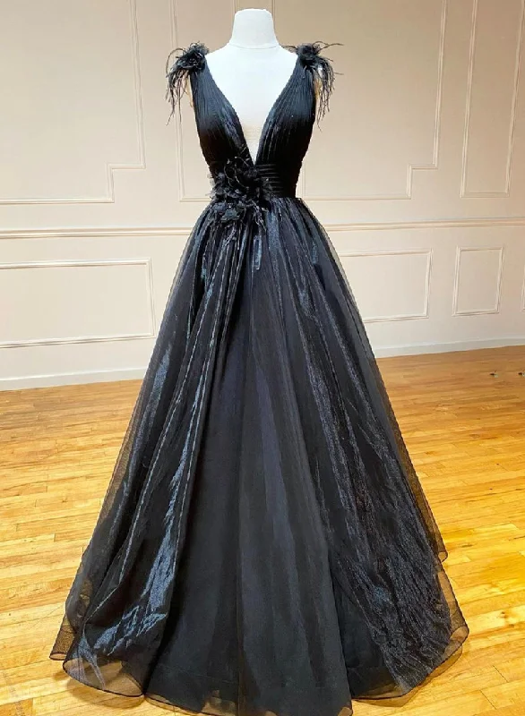 Can't Be Beat Black V-Neck Tulle Floor Length Prom Dress
