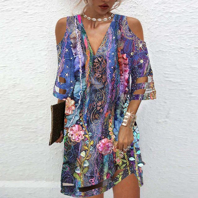 New Arrival V Neck Loose Floral Print Pullover Half Sleeve Mini Dress