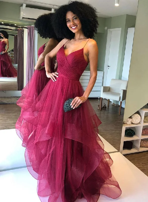 Quick Sale Stylish Spaghetti Strap V-Neck Tulle Long Prom Dress, A-Line Backless Evening Dress