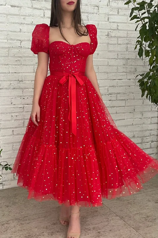 Special Offer Pink Short Sleeve Tulle Evening Party Dress