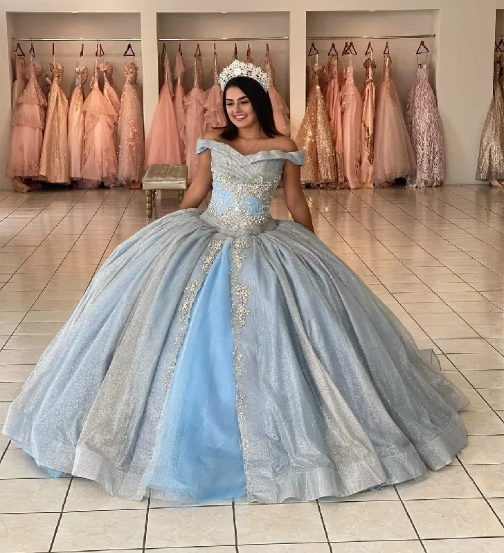 Sky Blue Quinceanera Dresses Ball Gown Off The Shoulder Sequins Beaded Sweet 16 Dresses 15 Años Mexican