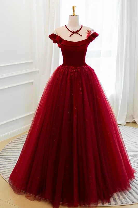 Deal Dash Burgundy Velvet Tulle Long Prom Dress