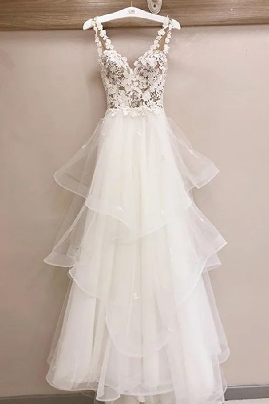 Midnight Sale Charming Tulle Appliques V Neck Lace Wedding Dresses with Ruffles