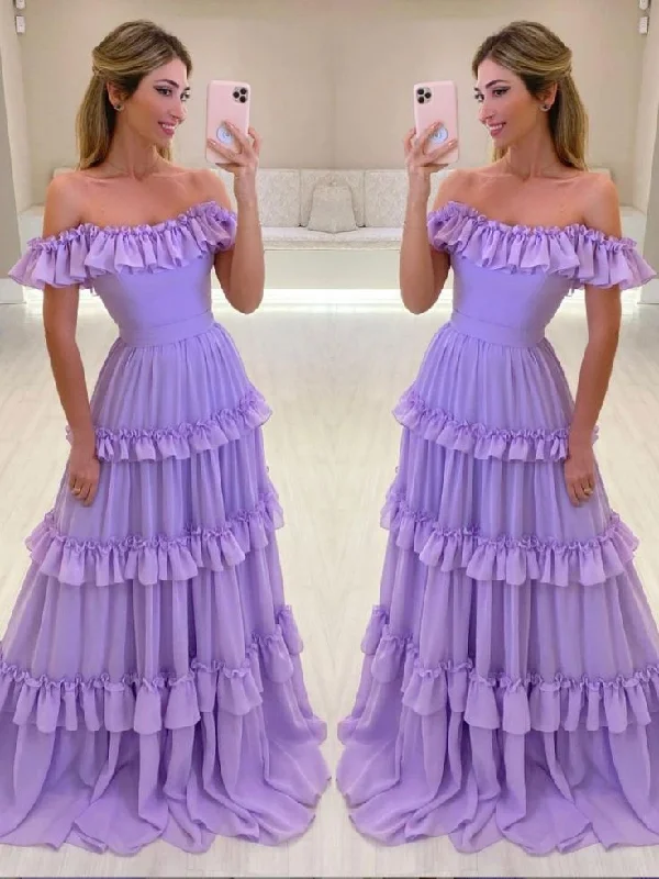 Purple chiffon long prom dress, evening dress Y5355