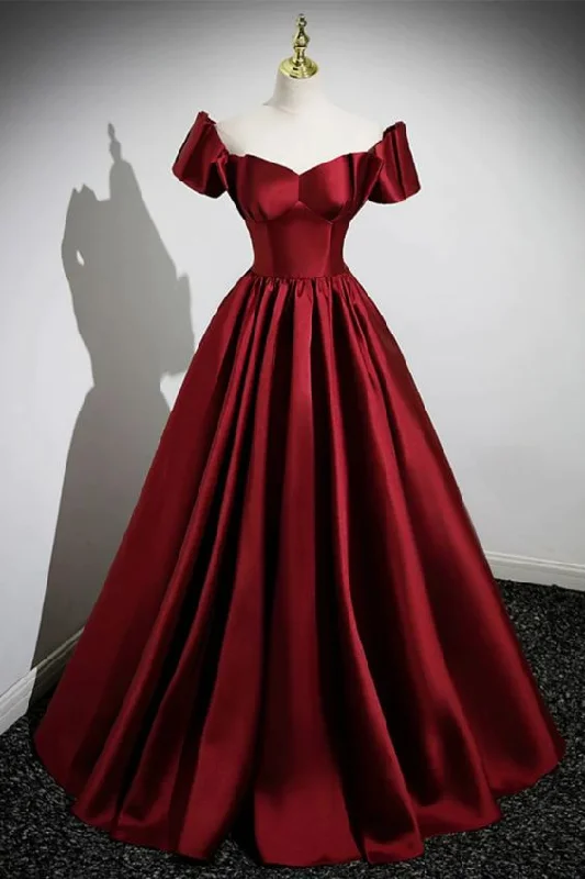 A Line Burgundy Satin Floor Length Prom Dress, Off the Shoulder New Prom Gown Y6076