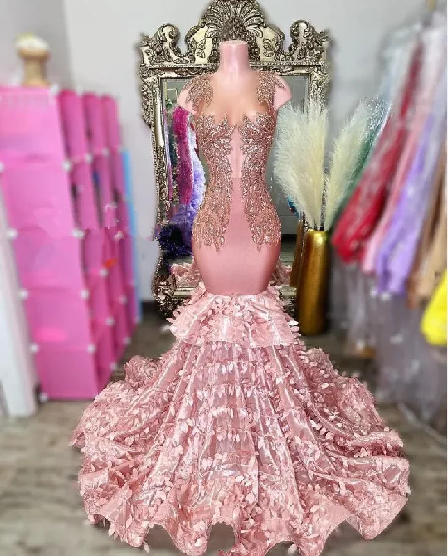 Sparkling Peach Pink Long Evening Dress 2024 For Women Luxury Diamante 3D Floral Embroidery Ruffle Dresses For Formal Occasions