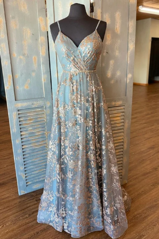 Hot Deal Cute Spaghetti Strap V-Neck Tulle Sequins Long Prom Dress