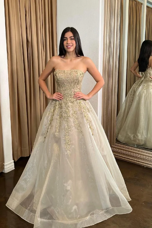 Deal Dash Champagne Strapless Lace Long Prom Dress