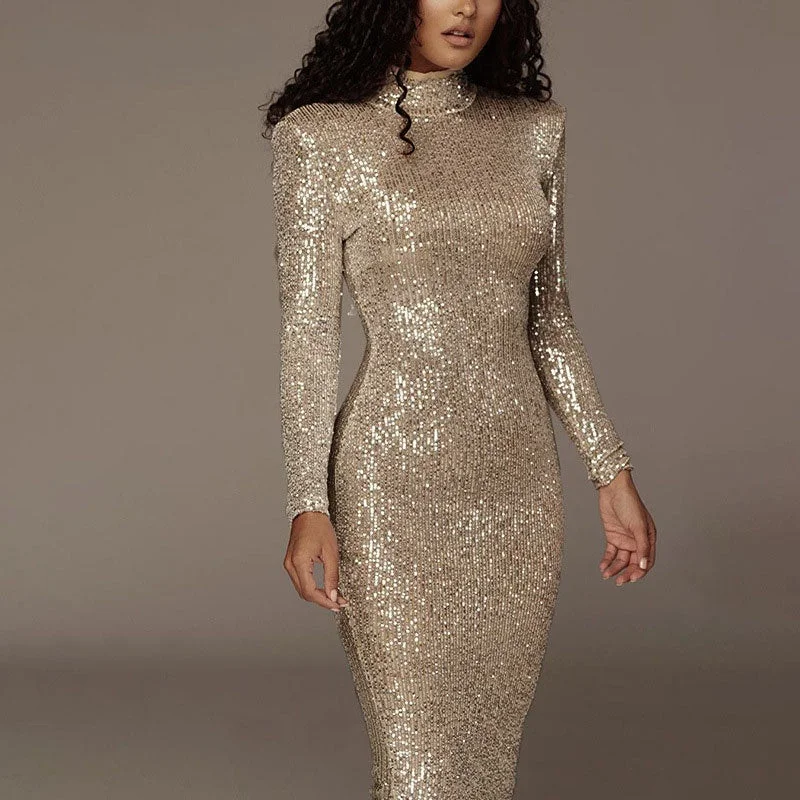 BerriesJam - Long Sleeved Silver Shiny Party Night Dress