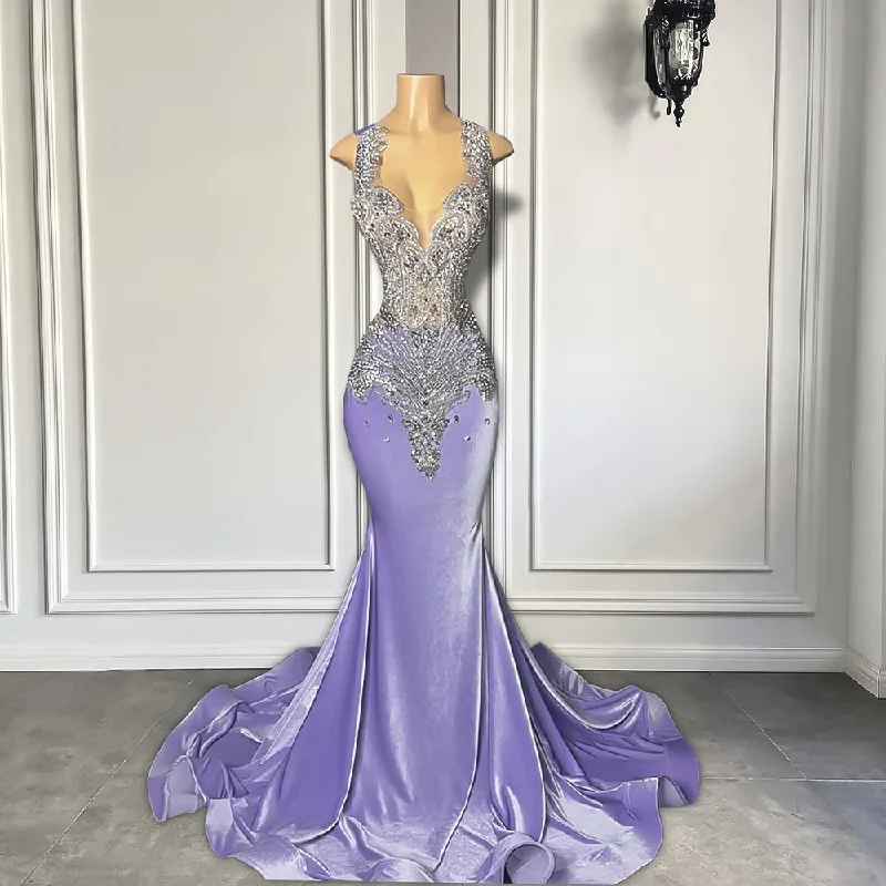 Long Sparkly Prom Dresses 2024 Gorgeous Sexy Mermaid Style Silver Diamond Black Girls Lavender Velvet Prom Gala Formal Gowns