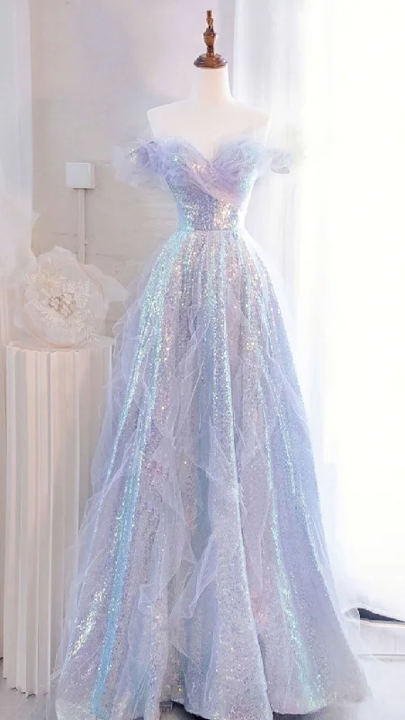 Deal Dash boho dressPurple Off Shoulder Sequin Tulle Long Prom Dress, Purple Formal Evening Dresses Y4451