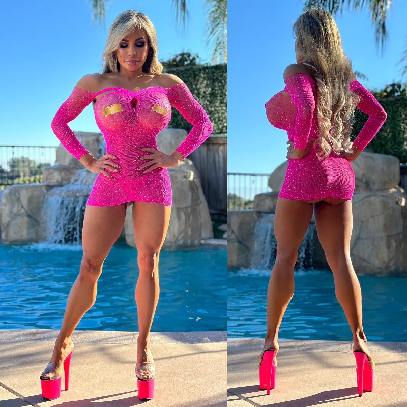 Limited Quantity draped dressConnie's "PINK CANDY For Dessert" Rhinestone Sparkle Extreme Stretch See Thru Lingerie Mini Dress