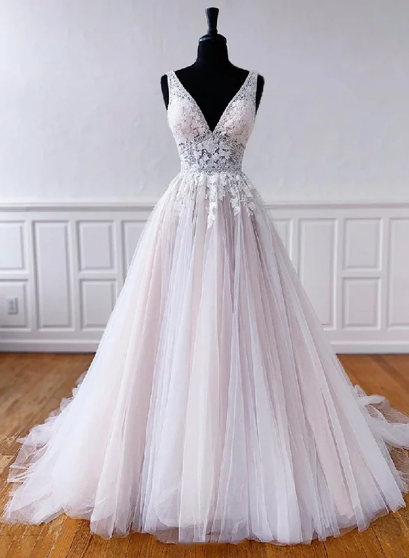 Year-End Clearance Custom Made V-Neck Tulle Lace Long Prom Dress, A-Line Evening Party Dress