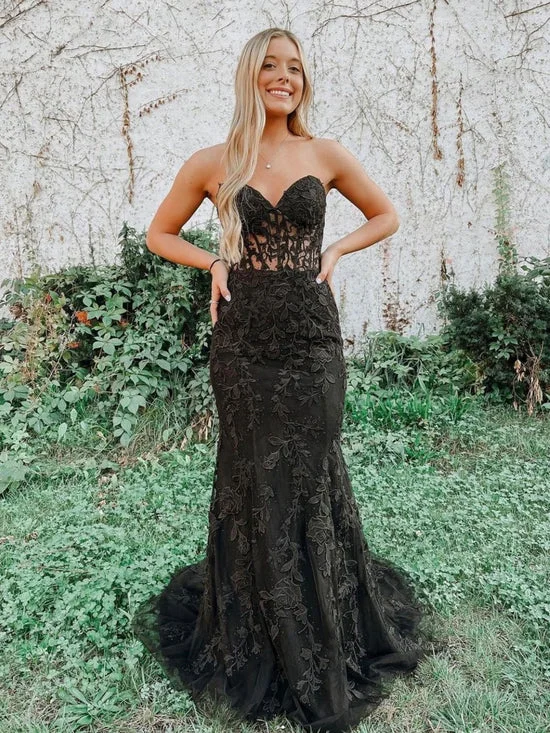 Fantastic Offers flowy dressBlack tulle lace mermaid long prom dress, black tulle lace evening dress Y1788