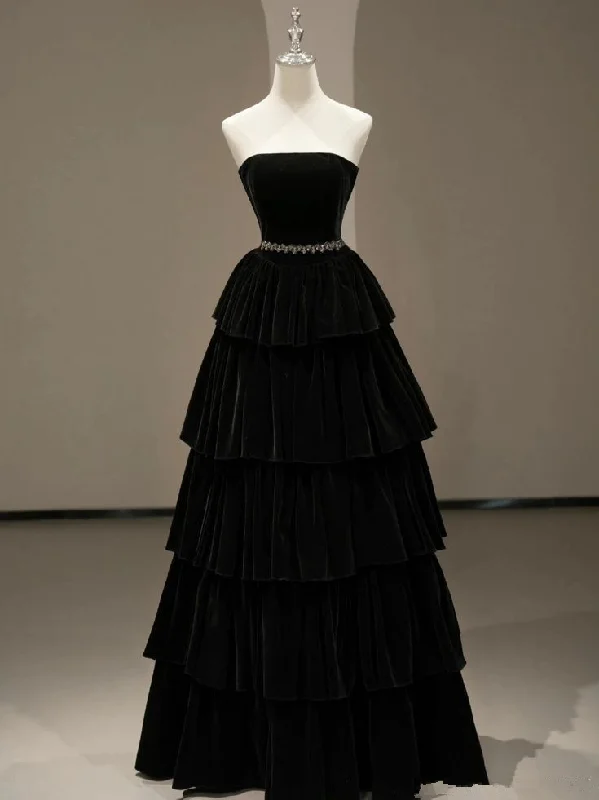 Act Now floral wrap dressChic Black A-line Layered Evening Dress,Black Strapless Evening Gown Y4378