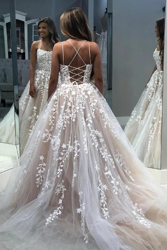 New Arrival A-line Spaghetti Strap Tulle Long Prom Dress with Lace