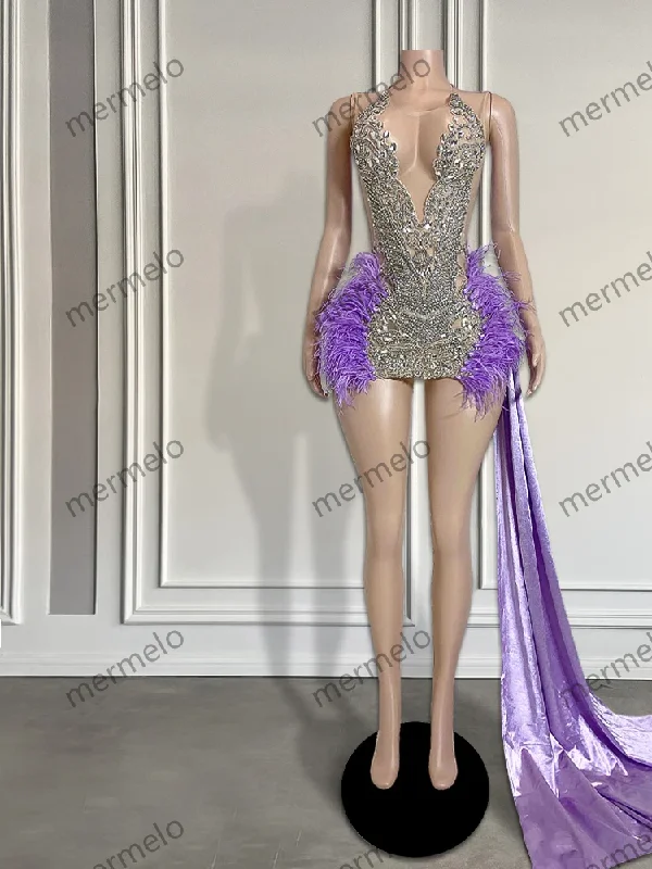 Sexy See Through Beaded Black Girls Purple Feather Birthday Dresses