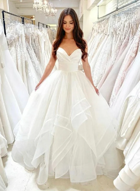 Discount Deals White Strapless Tulle Layers Long Prom Dress, White A-Line Evening Party Dress