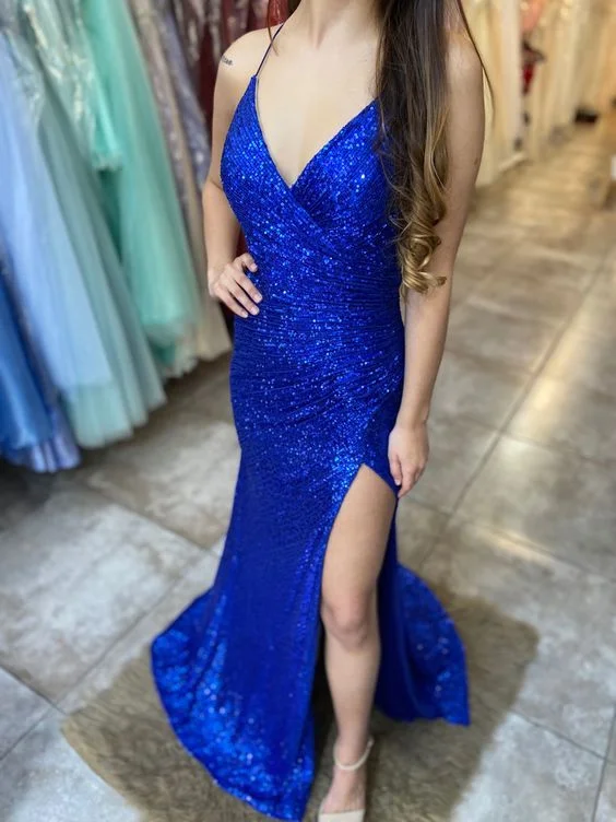 Doorbuster Deal boho dressRoyal Blue Mermaid Spaghetti Straps Long Prom Dress,Sequin Modest Formal Dresses with Slit Y5740 Doorbuster Deal boho dressRoyal Blue Mermaid Spaghetti Straps Long Prom Dress,Sequin Modest Formal Dresses with Slit Y5740