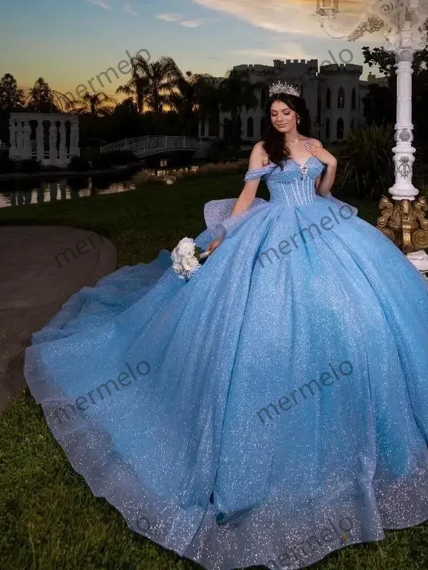 SKy Blue Quinceanera Dress Off Shoulder Crystal Beading Sequined