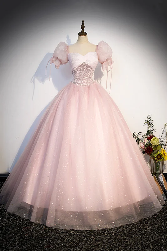 Price Break Blushing Pink Beading Sequins Prom Dresses, Short Sleeve Backless Floor-Length Formal Dresses