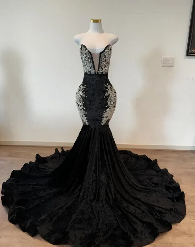 Saprkly Long Trumpet Evening Formal Dresses for Women Black Velvet Corset Crystal Applique Prom Birthday Reception Dress