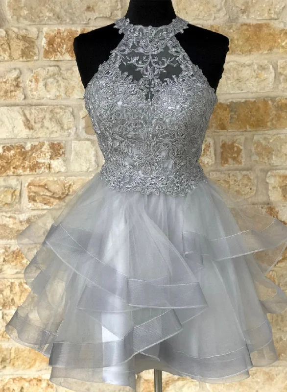 Amazing Deals Gray Tulle Lace Short Prom Dress, A-Line Mini Party Dress