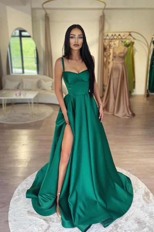 Can't Be Beat Green Satin Long Prom Dress with Slit, Simple A-Line Evening Party Dress