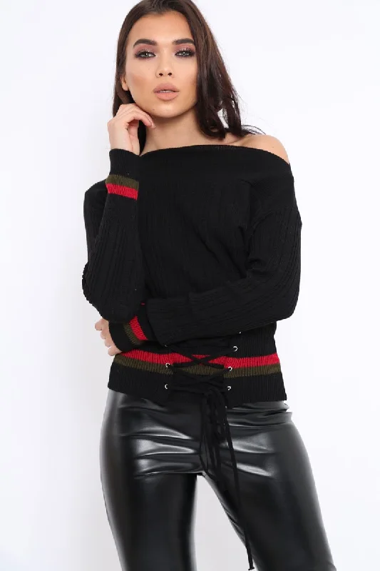 Shop and Save cozy pullover sweaterBlack Bardot Jumper with Stripe and Corset Tie Detail - Sandie