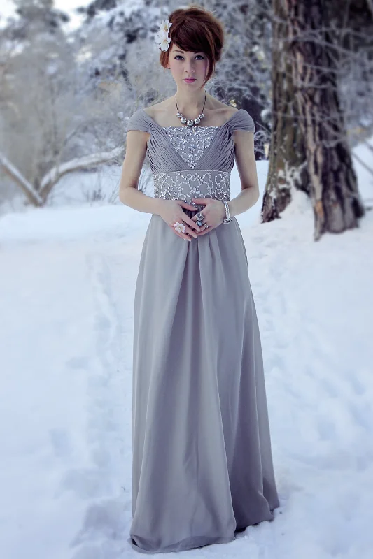 Weekend Deal A-line Off-the-shoulder Floor Length Chiffon Beading Evening Dress