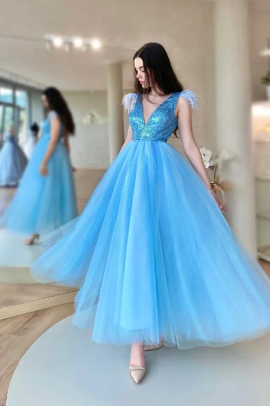 Don't Wait Blue V-Neck Tulle Sequins Long Prom Dress