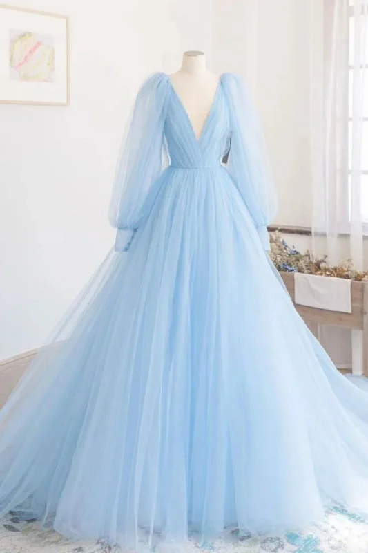 Low Prices Beautiful V-Neck Long Sleeve Tulle Prom Dress