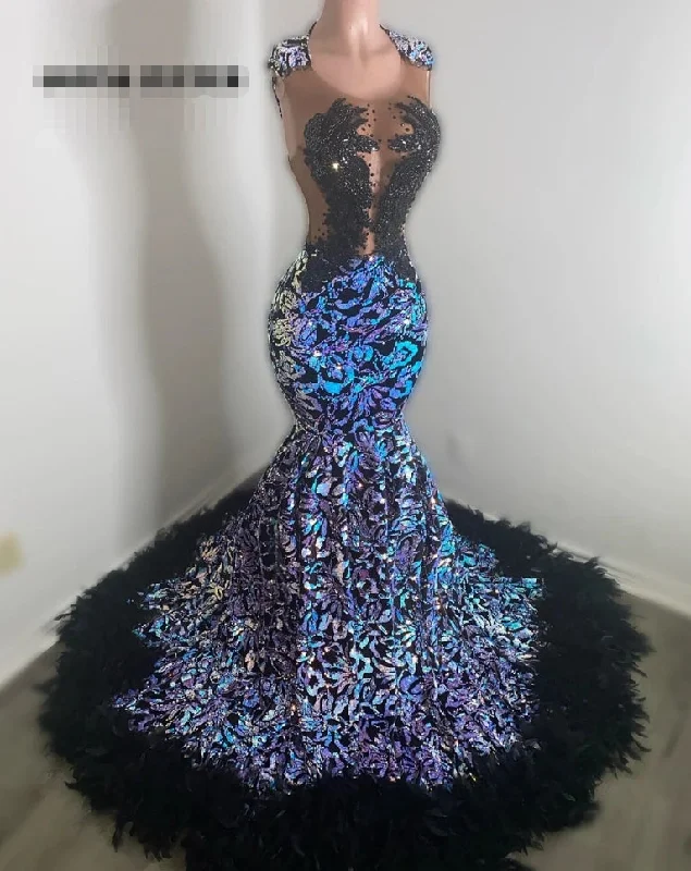 Special Black Rhinestone Feather Sequined Lace Prom Dress 2024 Blackgirl Mermaid Party Dress Women Elegant Luxury Seethru Formal