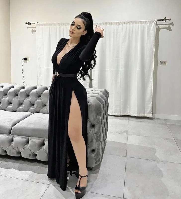 Exclusive Deal shift dressCharming Deep V Neck Black Long Sleeves Prom Dress Y5653 Exclusive Deal shift dressCharming Deep V Neck Black Long Sleeves Prom Dress Y5653