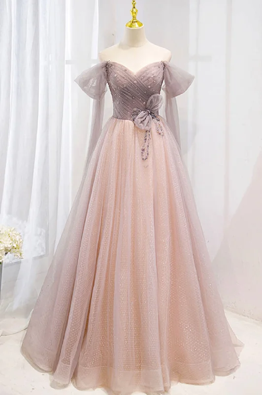 While Supplies Last Pink Tulle Beaded Long Prom Dress, Off the Shoulder Evening Dress While Supplies Last Pink Tulle Beaded Long Prom Dress, Off the Shoulder Evening Dress