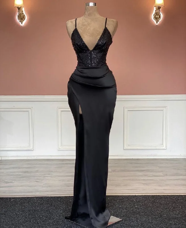 Today's Special velvet dressSexy Black Spaghetti Straps Evening Dress with Split Y4393