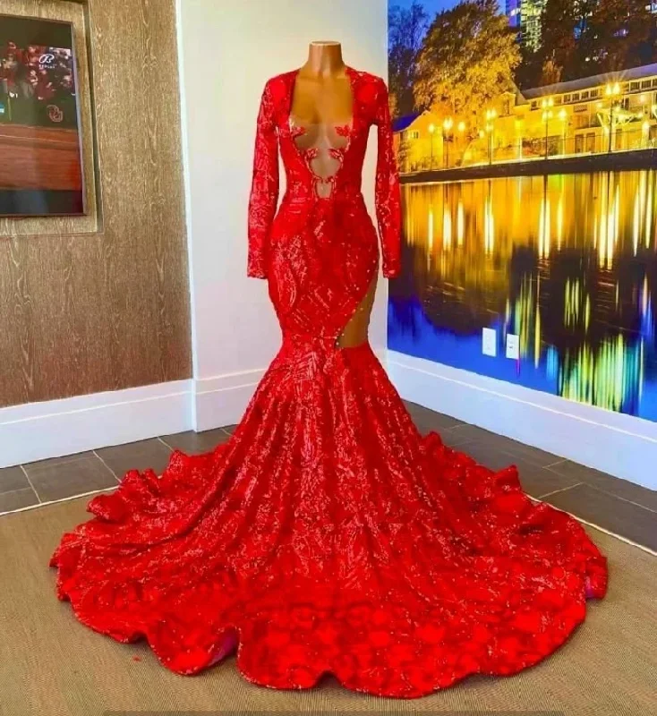 Red African American Prom Dresses Mermaid Sheer Long Sleeves Lace Black Girls Nigeria Robe De Soiree Evening Dress Gown