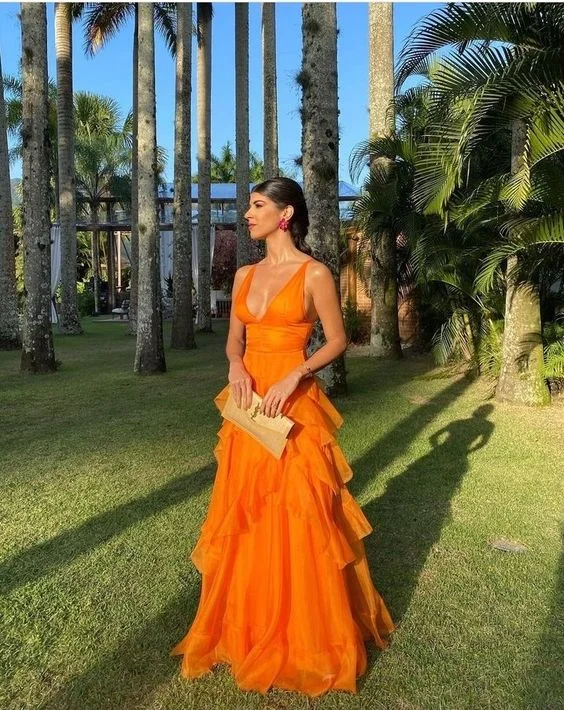 Orange Long Prom Dresses,A-line V Neck Formal Dress Y6213