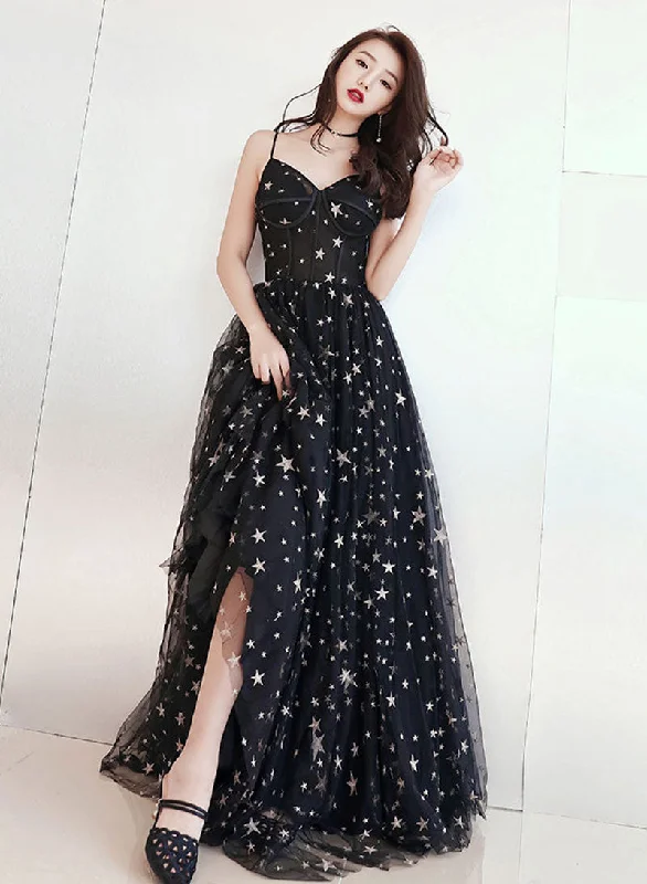 Flash Deals Black Spaghetti Strap Tulle Long Prom Dress with Star, Black A-Line Evening Party Dress