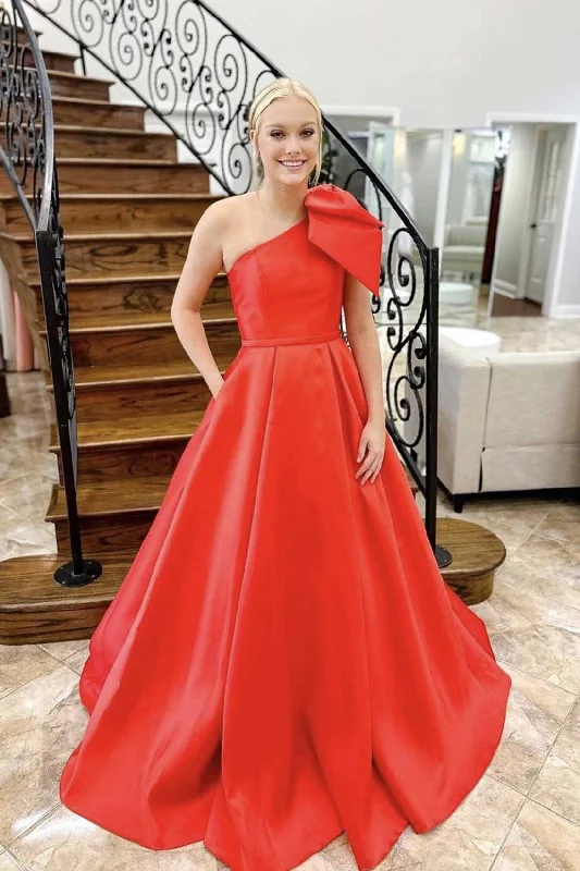 Savings Galore Red Satin One Shoulder Floor Length Prom Dress, Red A-Line Formal Evening Dress