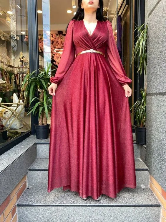 Online Only comfy dressElegant A-Line V Neck Long Sleeves Prom Dresses Y5785