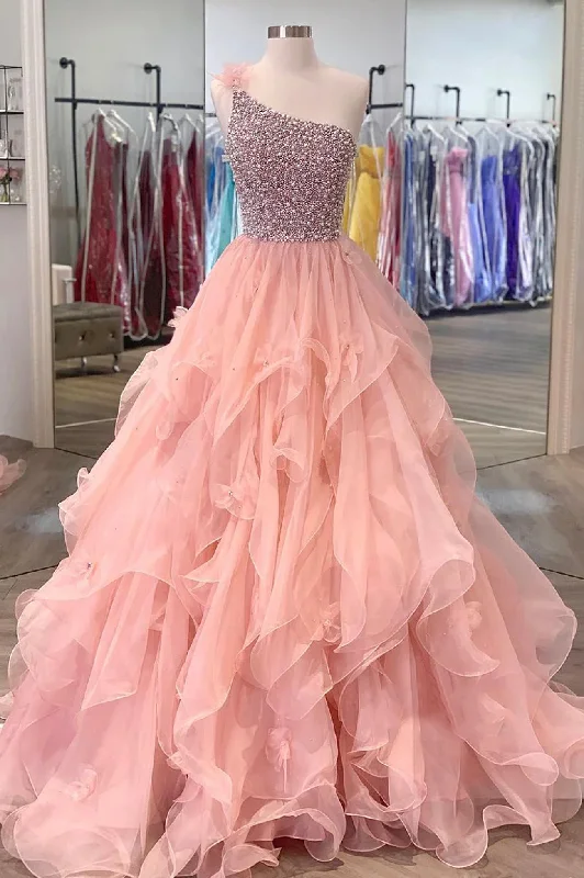 Weekend Deal A-Line One Shoulder Peach Beaded Flouncing Long Prom Dress Formal Dress