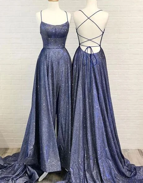 Buy Now A-line Unique Backless Long Prom Dress Davy Blue Evening Dress JKP404