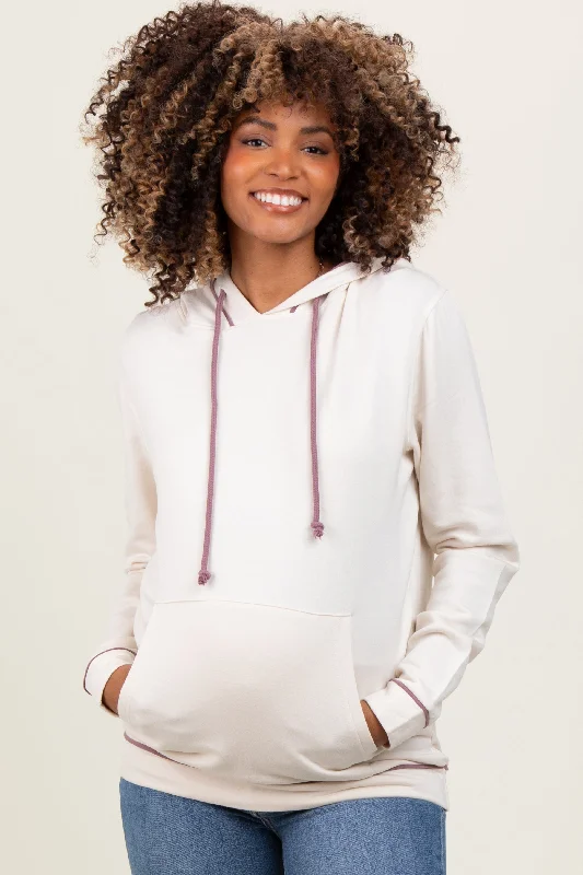 Cream Mauve Contrast Drawstring Maternity Hoodie