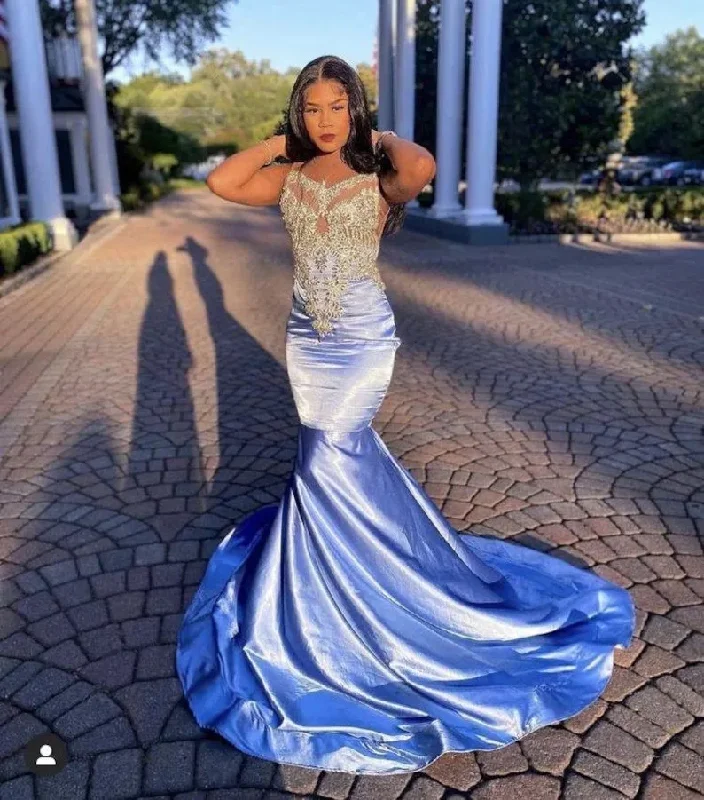 Sky Blue African American Prom Dresses Mermaid V-neck Velvet Appliques Black Girls Nigeria Robe De Soiree Evening Dress Gown