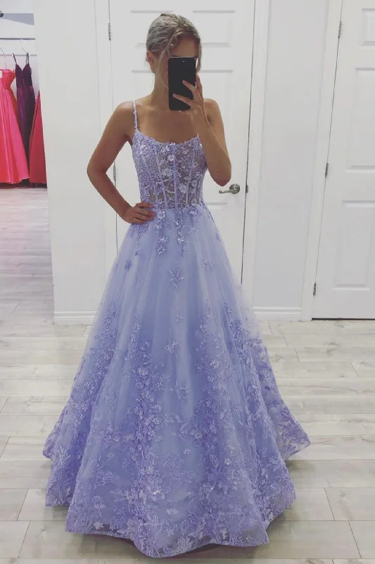 Online Only Purple Spaghetti Strap Tulle Lace Floor Length Prom Dress